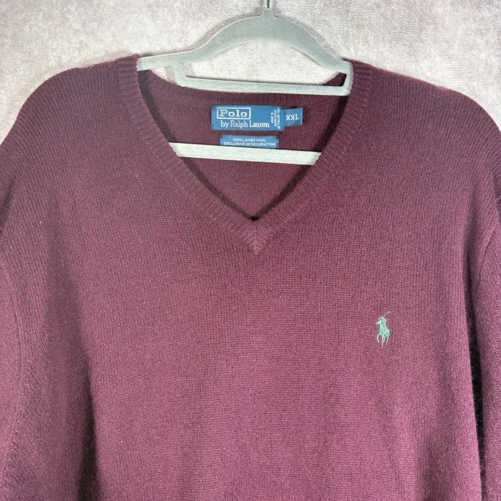 Polo Ralph Lauren Sweater Mens XXL Burgundy V-Neck 100% Lambswool Classic